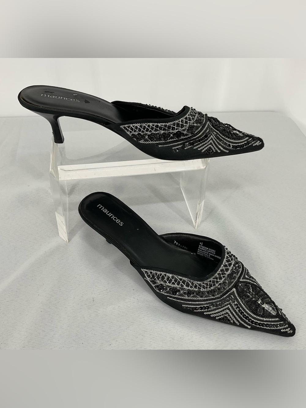 Maurice’s Black Beaded Embellished Pointed-Toe Mule Kitten Heels Size 8.5
